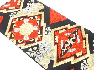 アンティーク　松皮菱に華紋・向かい鶴・桐模様織り出し袋帯（材料）